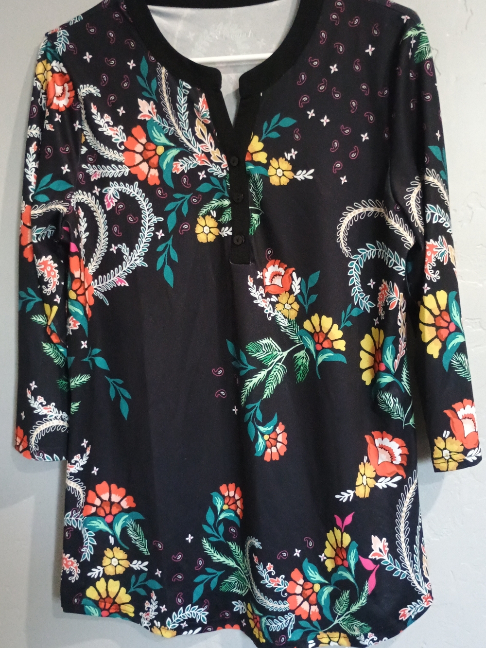 Serengeti Black Floral Long Sleeve Shirt with Yellow, Teal & Coral Blooms